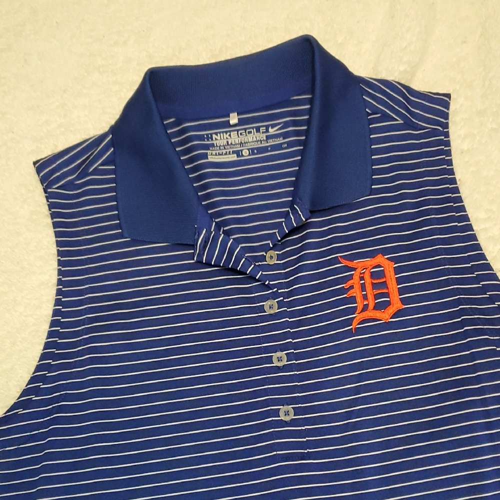 Nike Womens Blue and White Striped Polo | Detroit Tigers | Size SMALL